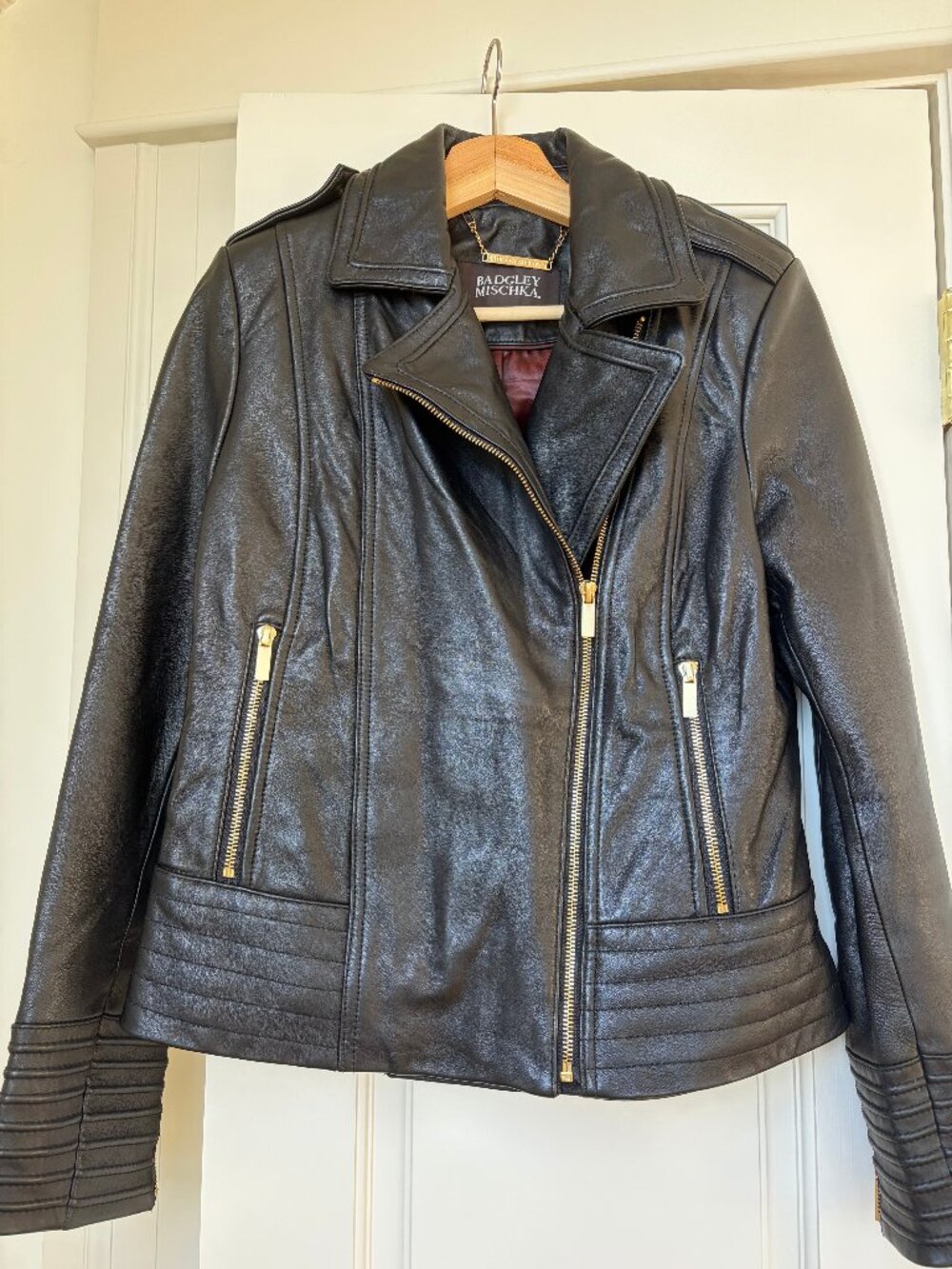 Badgley Mischka Black Leather Moto Jacket Gold Hardware Quilted - S